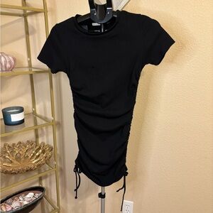 Active USA Black Ruched Bodycon‎ Mini Dress Ribbed Side Drawstring Size L